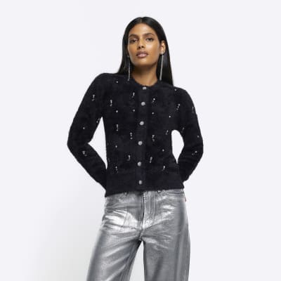 Black embellished fluffy cardigan River Island