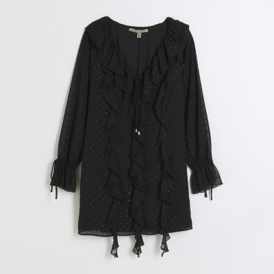Black embellished frill swing mini dress | River Island
