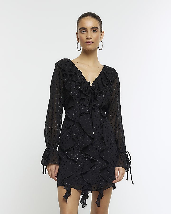 Black embellished frill swing mini dress | River Island