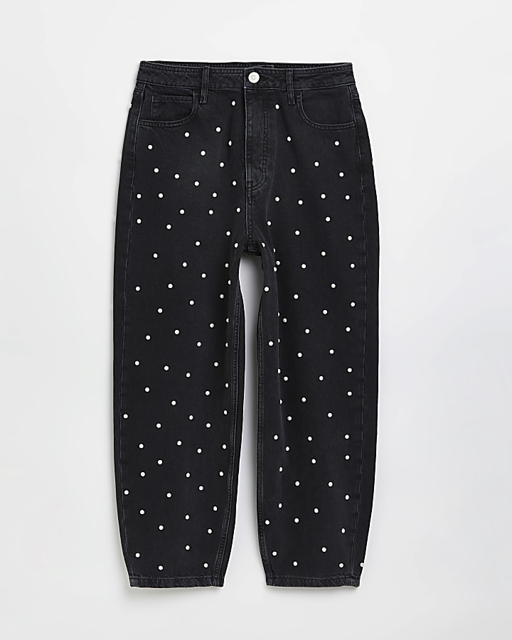 Black embellished high waisted tapered jeans
