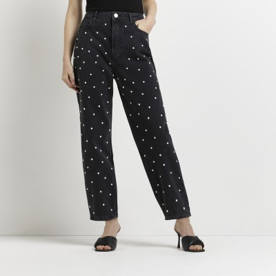 Black embellished high waisted tapered jeans River Island
