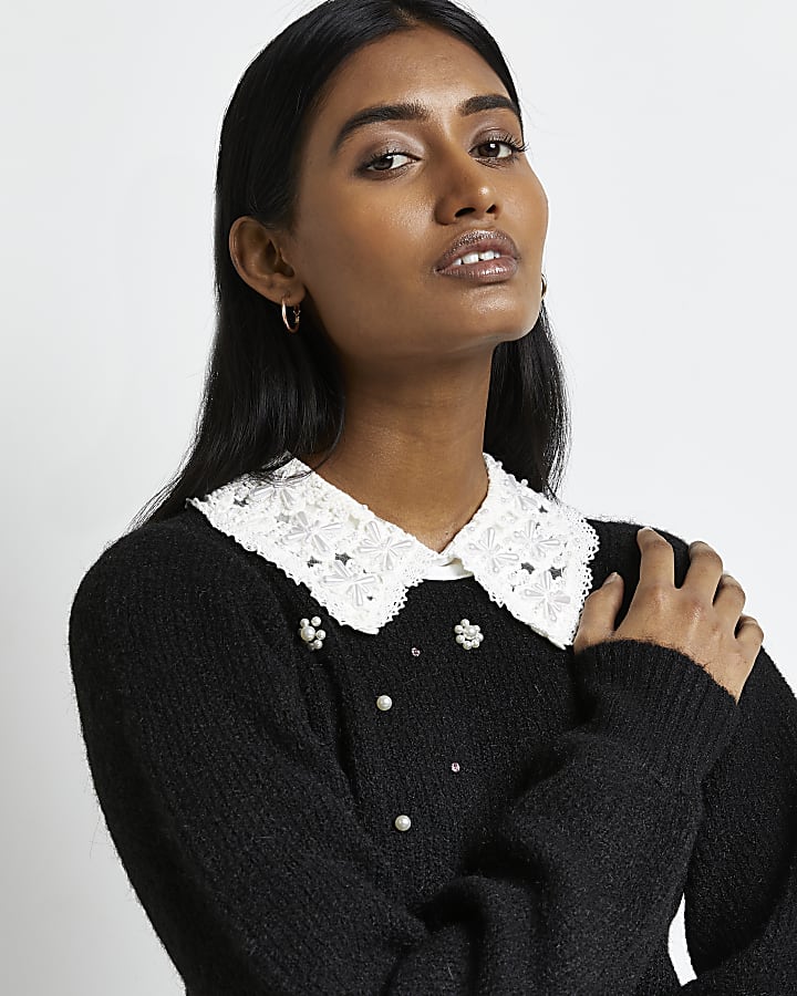 Black embellished lace collar jumper