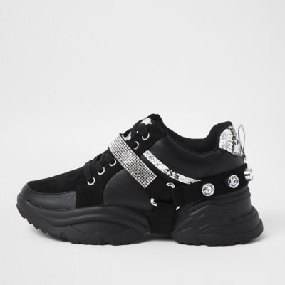 Black embellished lace up trainers | River Island