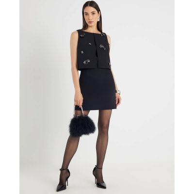 Black Embellished Layered Mini Shift Dress