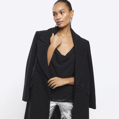 Black Embellished Longline Coat River Island