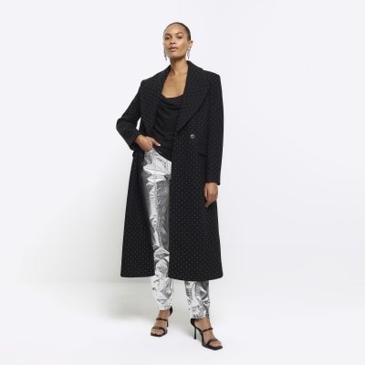 Black Embellished Longline Coat | River Island