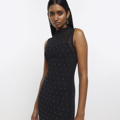 Black embellished mesh midi dress