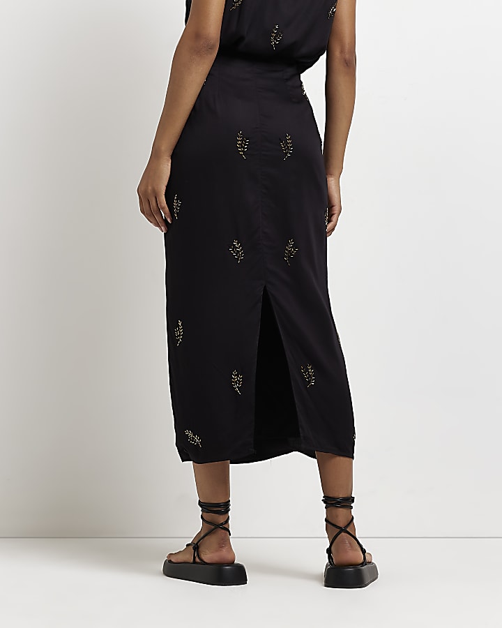 Black embellished midi skirt