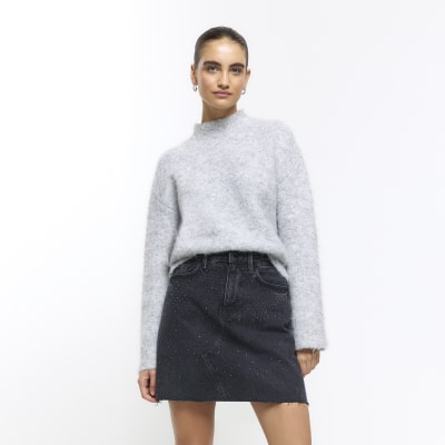 Black embellished mini skirt River Island