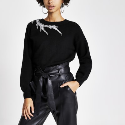 Black embellished neck knitted jumper | River Island
