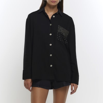 White embellished pocket shirt with linen | River Island