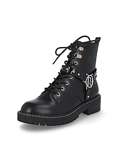 360 degree animation of product Black embellished RI chunky lace up boots frame-0