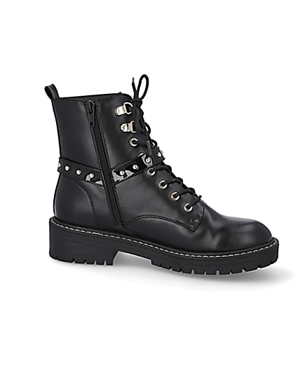 360 degree animation of product Black embellished RI chunky lace up boots frame-16