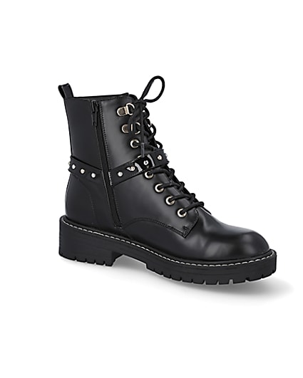 360 degree animation of product Black embellished RI chunky lace up boots frame-17