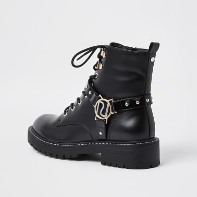Black embellished RI chunky lace up boots