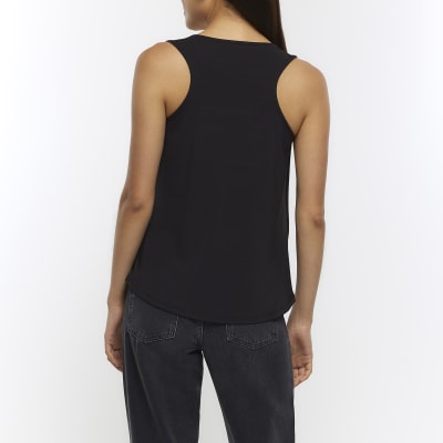 Black embellished scoop tank top | River Island