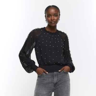 Black embellished shirred blouse | River Island