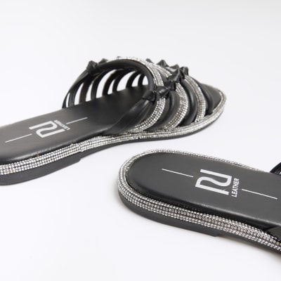 Black embellished slides | River Island