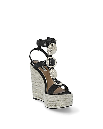 360 degree animation of product Black embellished strap wedge sandals frame-19