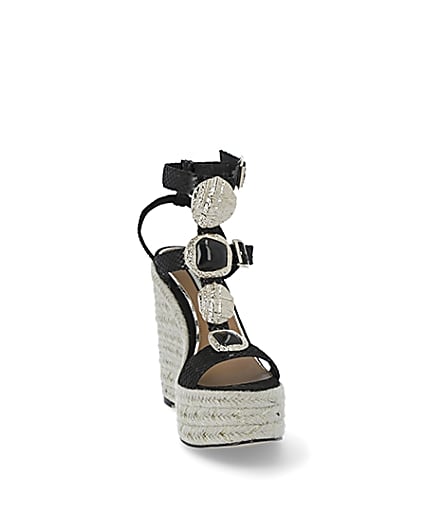 360 degree animation of product Black embellished strap wedge sandals frame-20