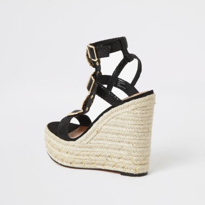 Black embellished strap wedge sandals