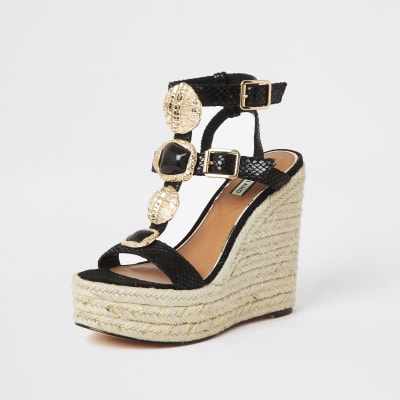 Black embellished strap wedge sandals