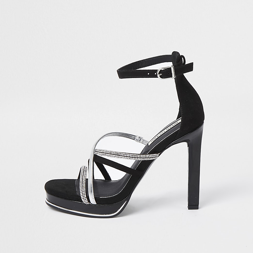 Black embellished strappy platform heels | River Island