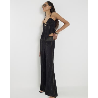 Black Embellished Stripe Beach Trousers