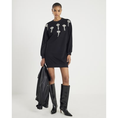 Black Embellished Sweatshirt Dress