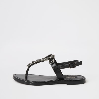 Black embellished wide fit toe thong sandals River Island