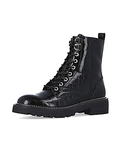 360 degree animation of product Black embossed biker boots frame-1