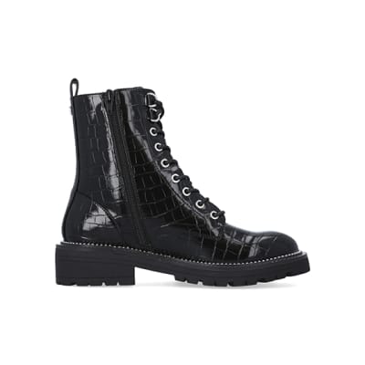360 degree animation of product Black embossed biker boots frame-15
