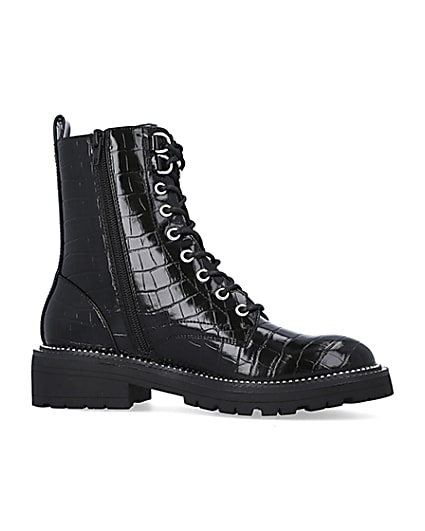 360 degree animation of product Black embossed biker boots frame-16