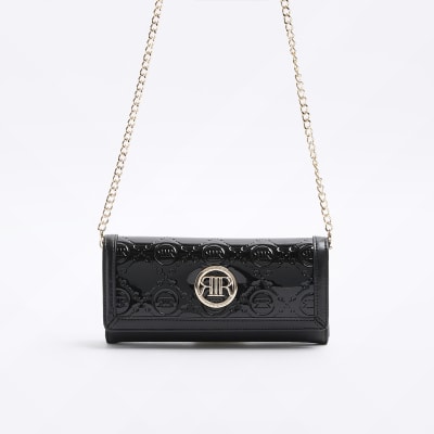 River Island embossed monogram chain handle tote bag in black