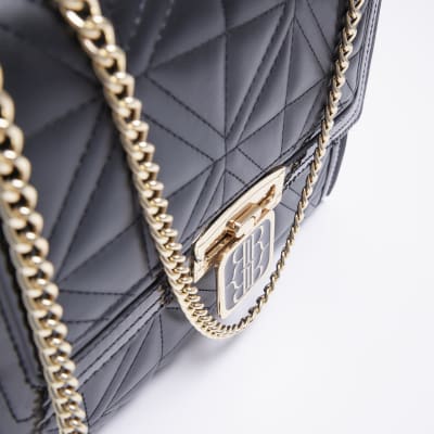 Black embossed chain strap shoulder bag River Island