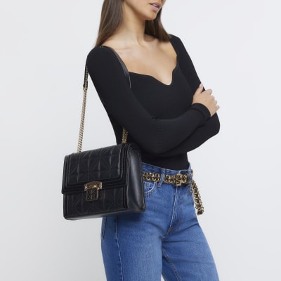 River Island embossed monogram chain handle tote bag in black