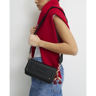 Black Embossed Cherry Charm Cross Body Bag