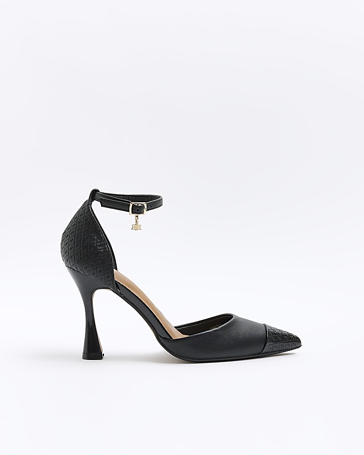 Black embossed heeled court shoes