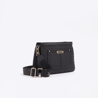 Black embossed monogram cross body bag River Island