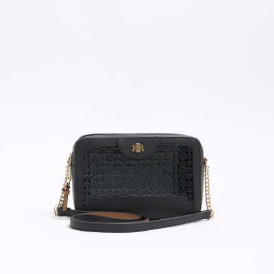 River Island embossed cross body bag with pouch in black