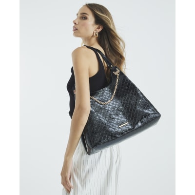 Black Embossed RI Monogram Chain Slouch Bag