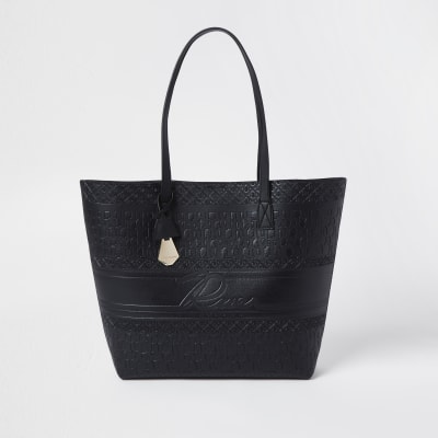 Black embossed 'River' shopper bag | River Island