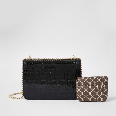 Black embossed satchel with detachable pouch