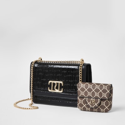 Black embossed satchel with detachable pouch