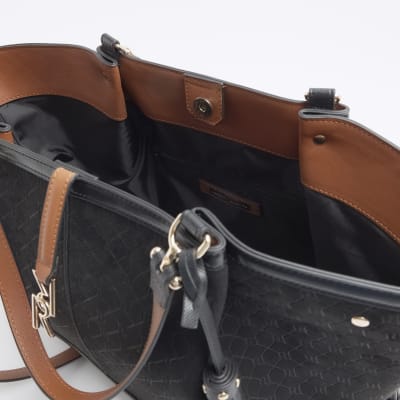 Black embossed tassel tote bag River Island