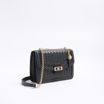 Black embossed weave shoulder bag River Island