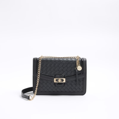 Black embossed weave shoulder bag | River Island