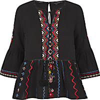 Black embroidered bell sleeve smock top