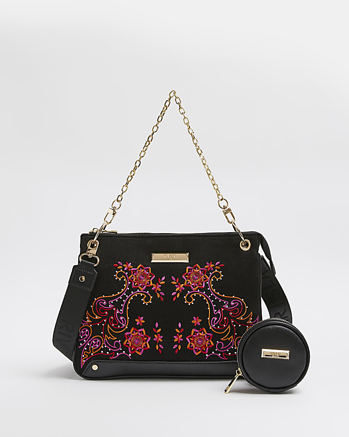 Black embroidered cross body bag