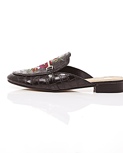 360 degree animation of product Black embroidered floral backless loafers frame-21